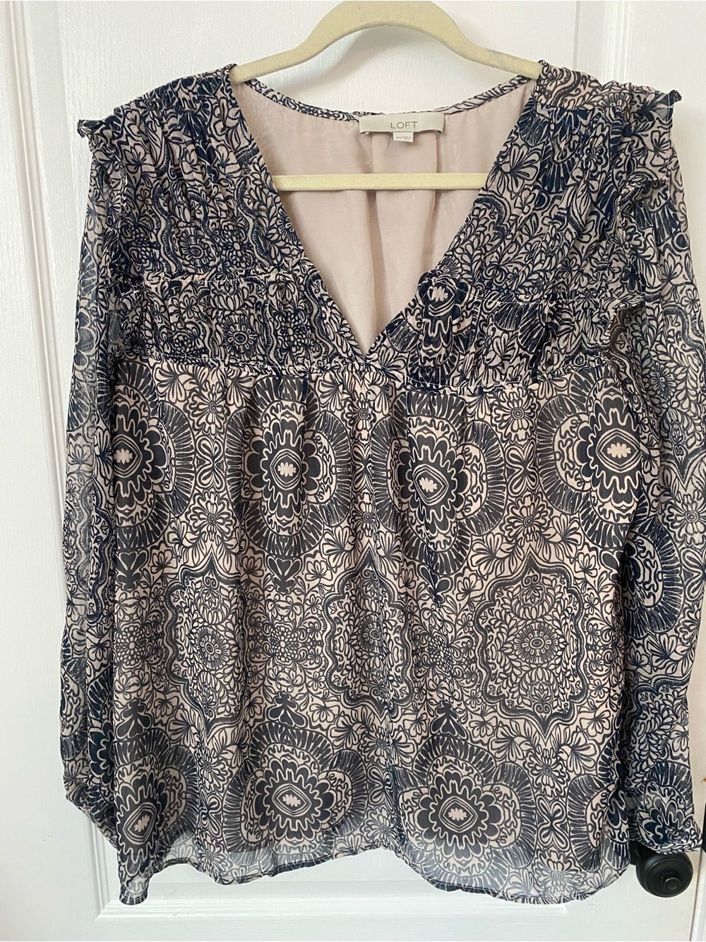 LOFT Navy and Cream Medallion V-Neck Blouse